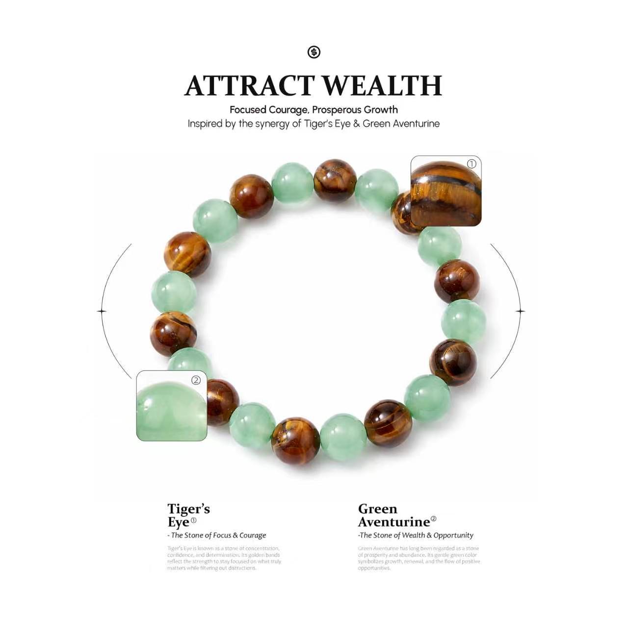Bracelet with tiger's eye and green aventurine beads on a white background, labeled 'Attract Wealth'.