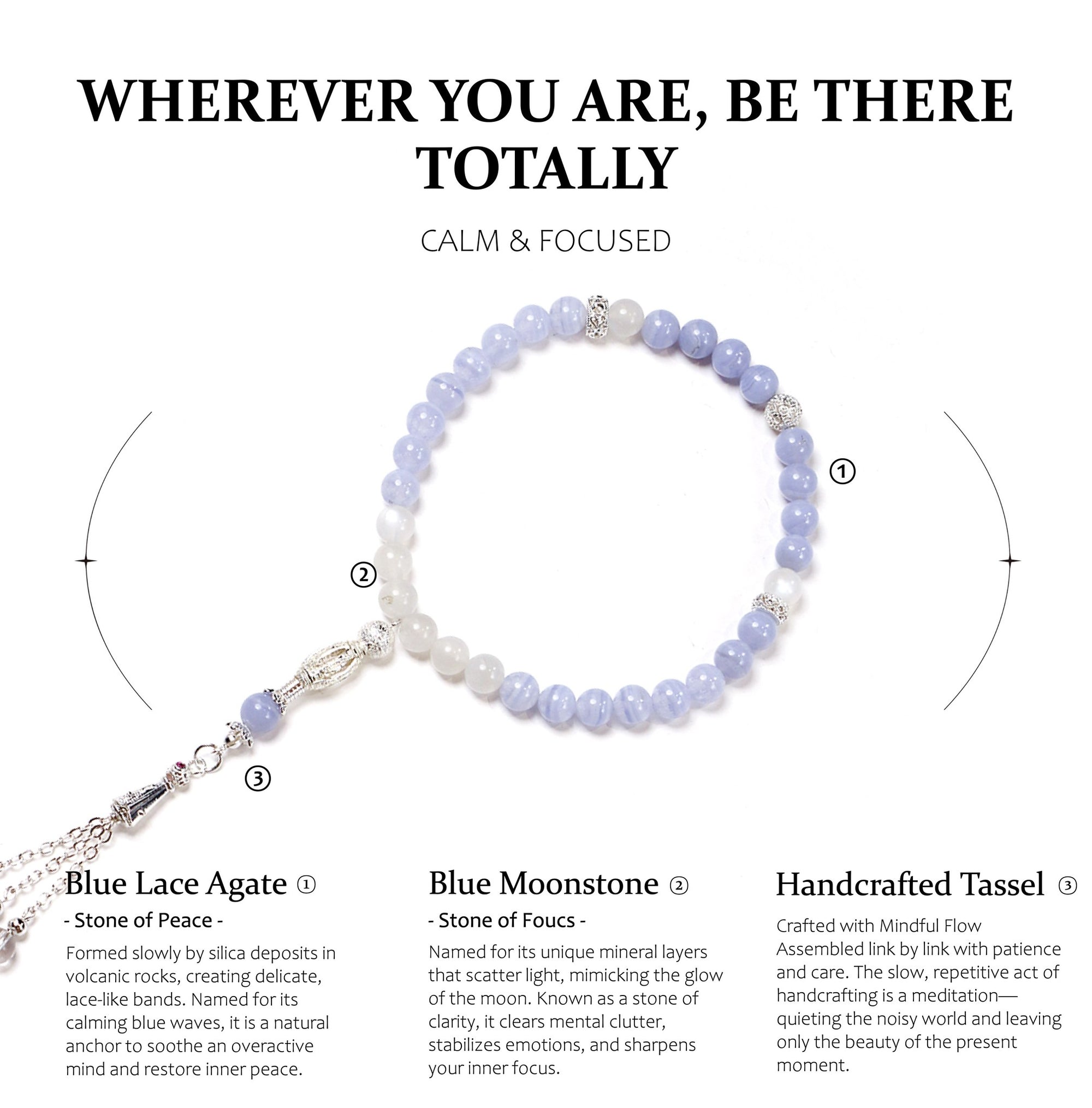 Bracelet with blue lace agate, blue moonstone, and handcrafted tassel on a white background with text.