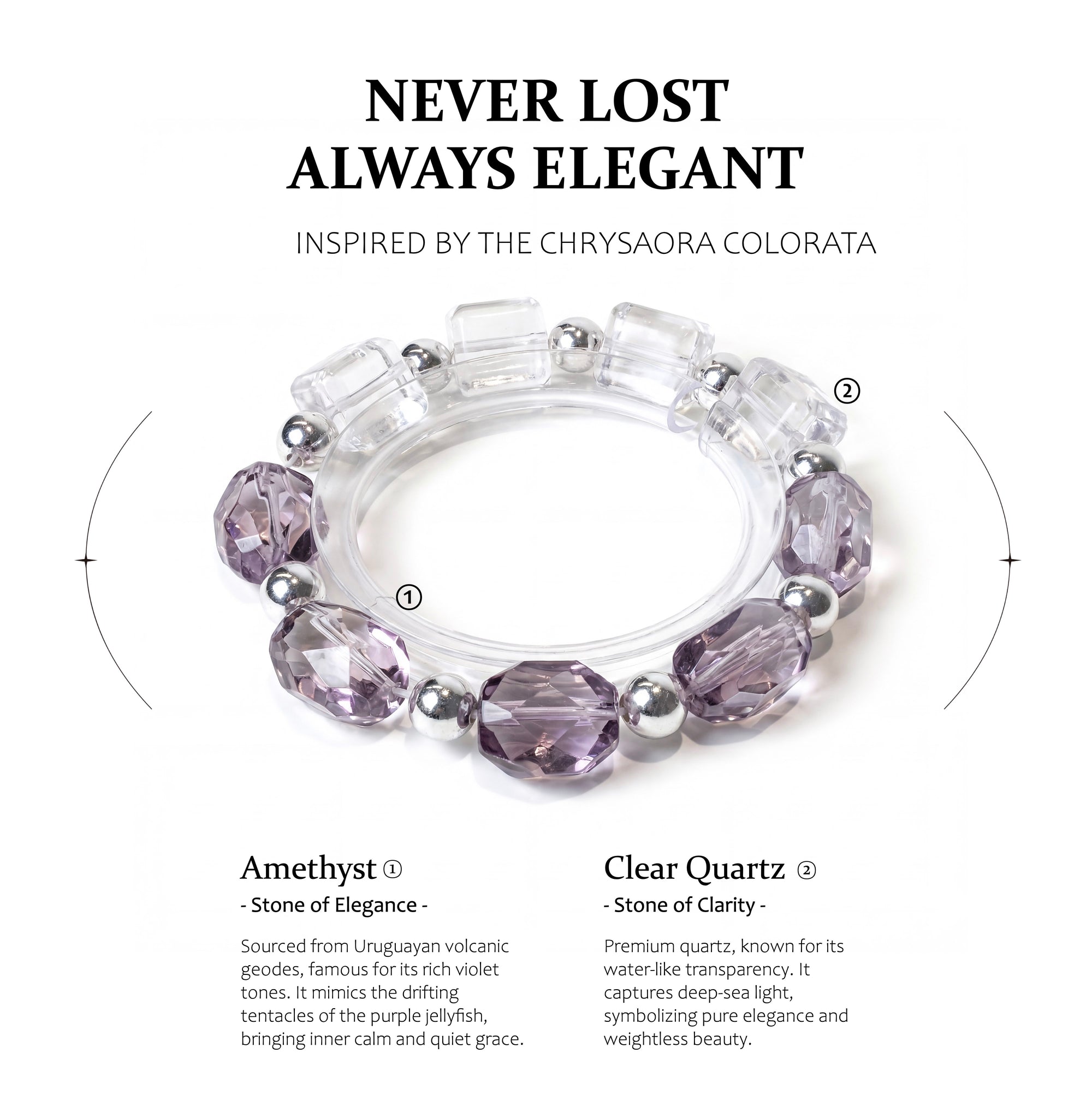 Jewelry set with amethyst and clear quartz stones on a white background, featuring text about the stones' properties.