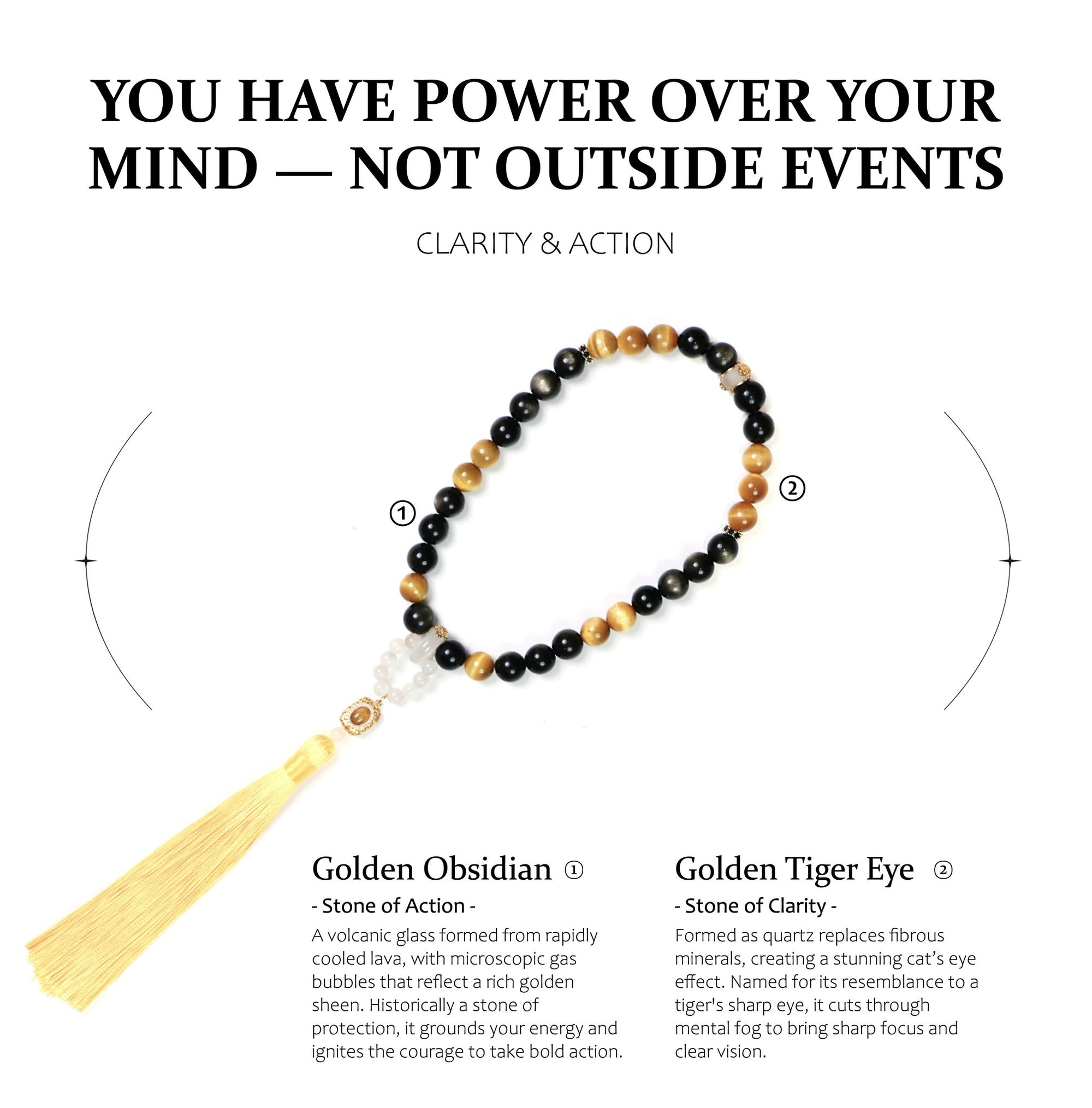 Necklace with tassel featuring Golden Obsidian and Golden Tiger Eye beads on a white background with motivational text.