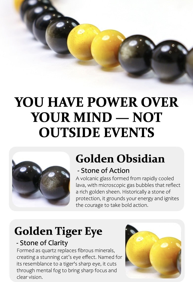 Beaded necklace with Golden Obsidian and Tiger Eye stones on a white background, featuring motivational text.