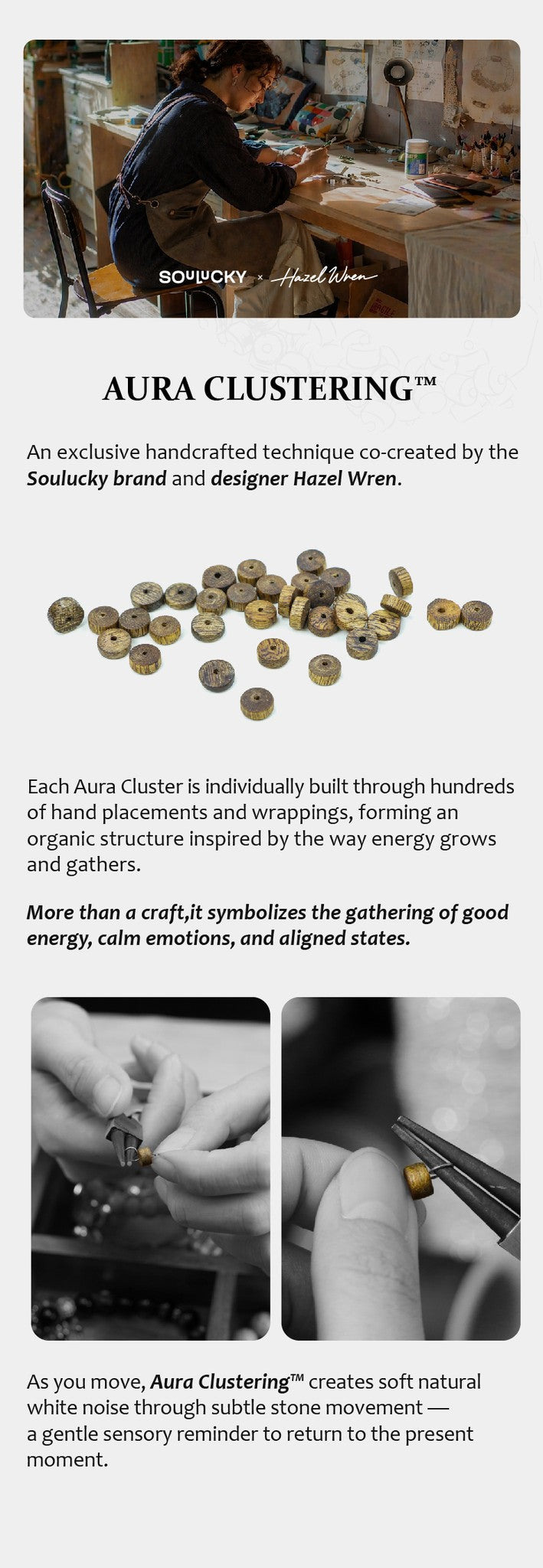 Advertisement for Aura Clustering technique by Soudaky brand with handcrafted stones and text.