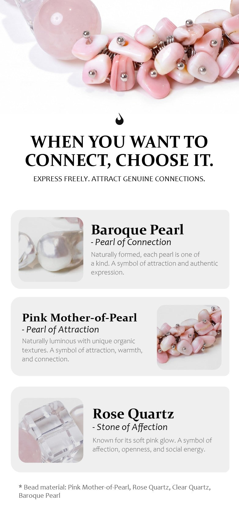 Advertisement for pearl and gemstone connections with text and product images.