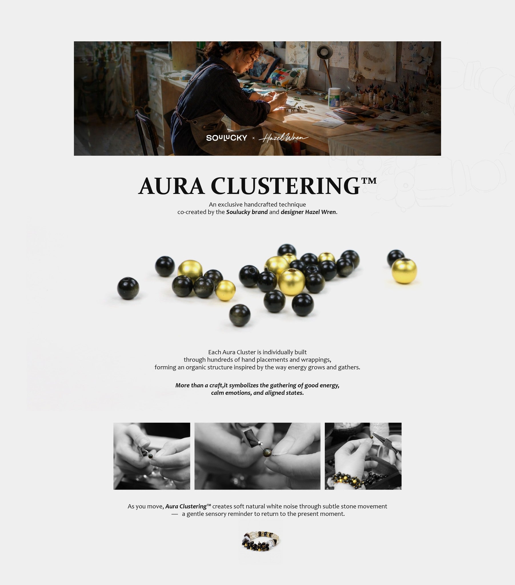 Promotional image for Aura Clustering jewelry with text and product images.