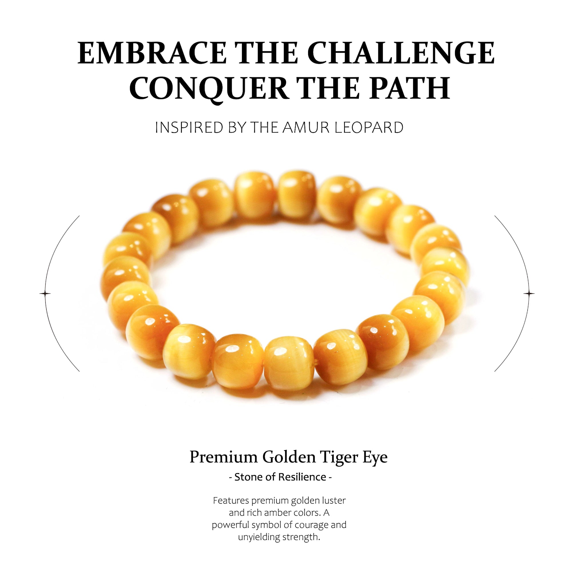 Gold beaded bracelet with motivational text on a white background