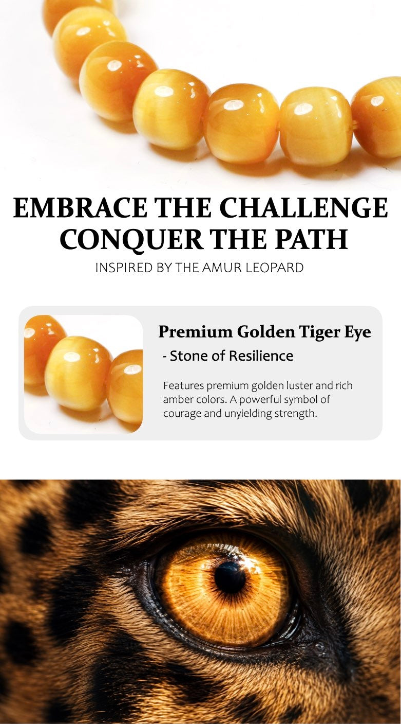 Amber beads with text about embracing challenges and conquering paths, inspired by the Amur leopard.