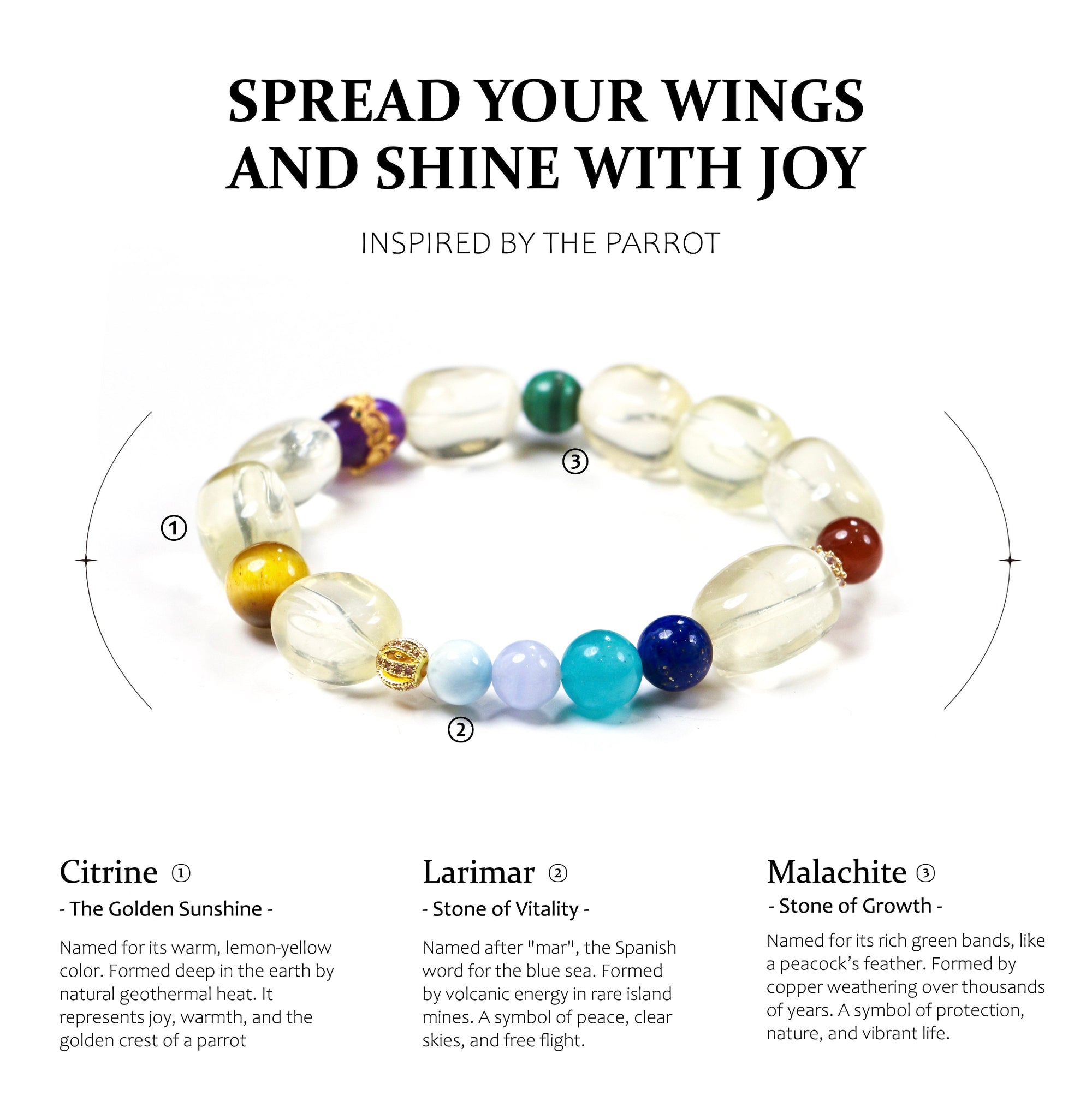 Colorful beaded bracelet with stone names and descriptions on a white background