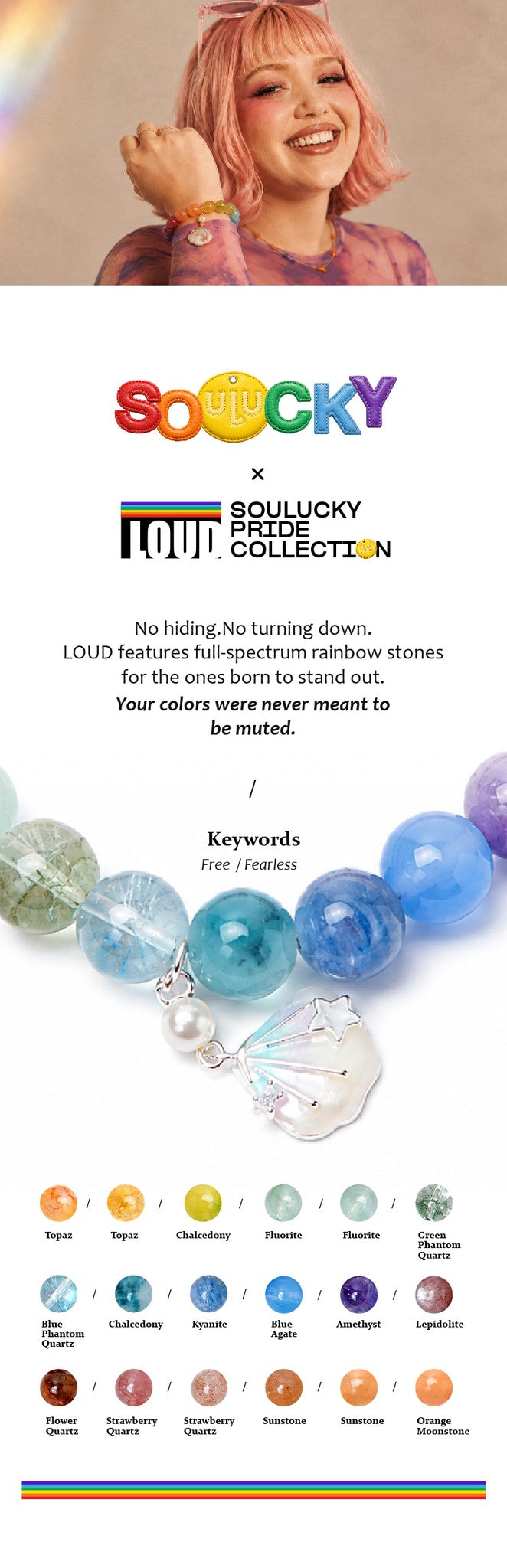 Person with colorful hair and accessories, featuring Sooucky jewelry and clothing brand.