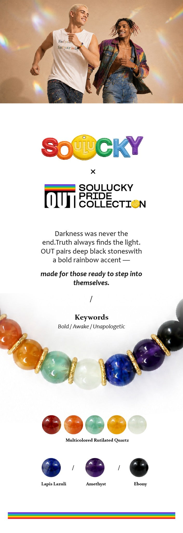 Soulucky x Out Pride Collection advertisement with colorful beads and text.