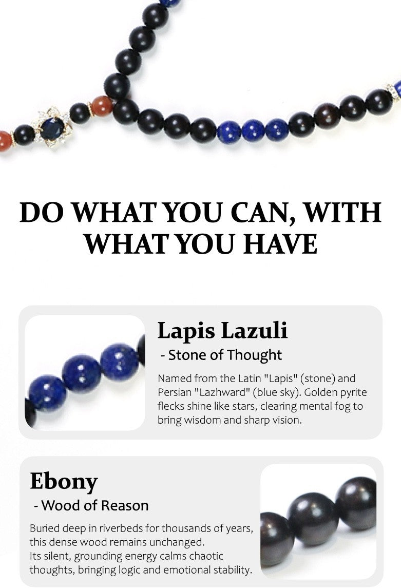 Lapis Lazuli and Ebony beads with descriptive text on a white background