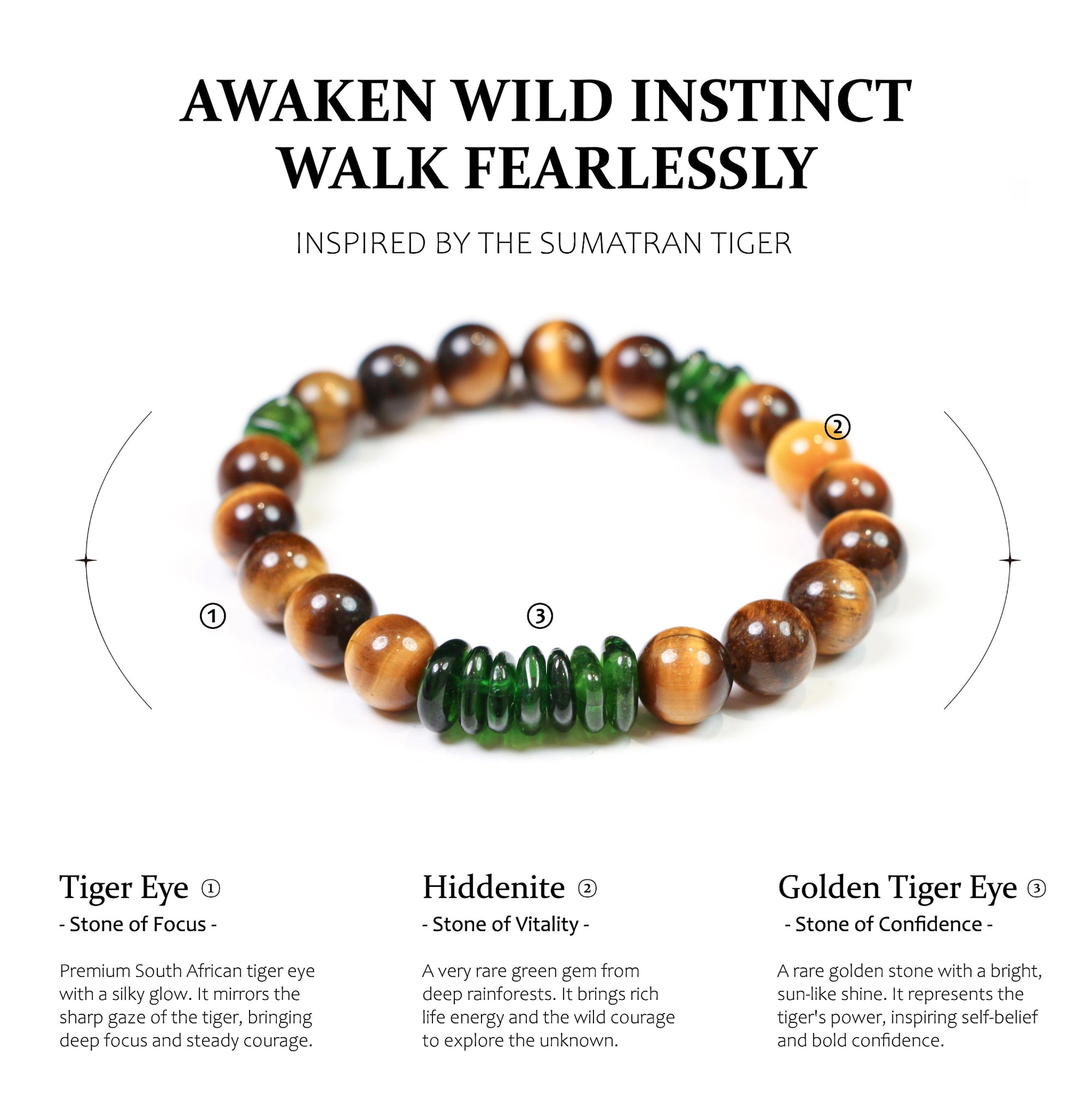 Bracelet with tiger eye, hiddenite, and golden tiger eye stones on a white background with text about its properties.