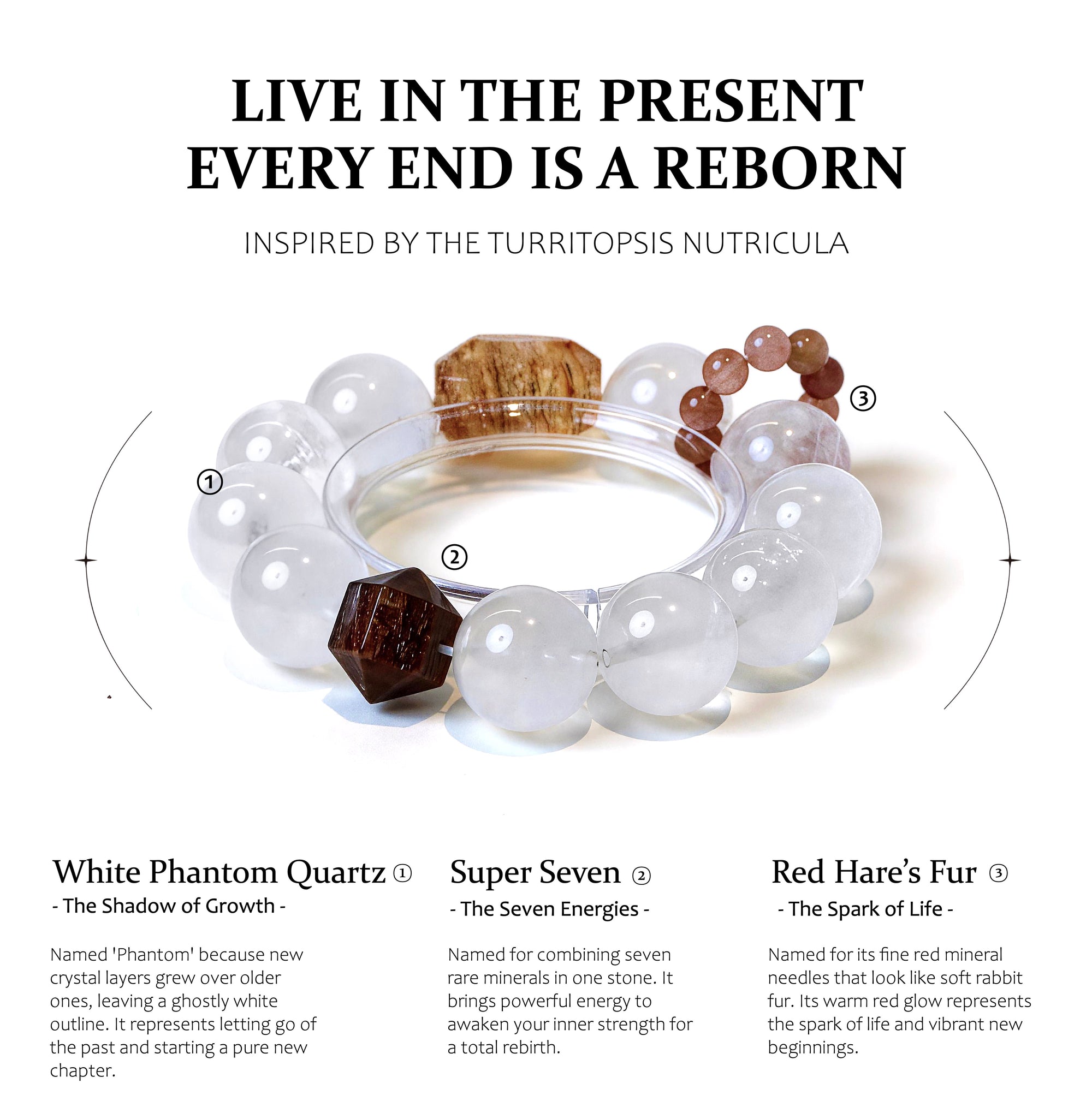 Crystal bracelet with labeled stones and inspirational text on a white background