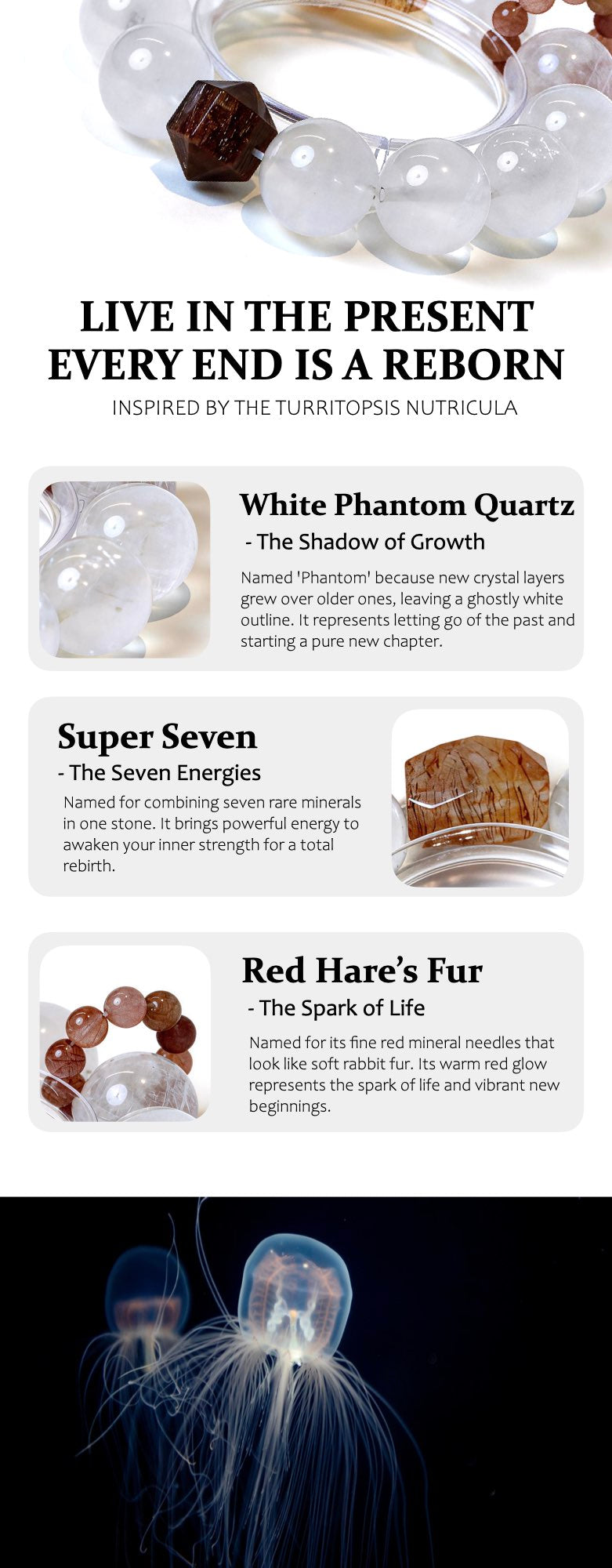 Mineral specimen with text about 'White Phantom Quartz', 'Super Seven', and 'Red Hare's Fur' on a white background.