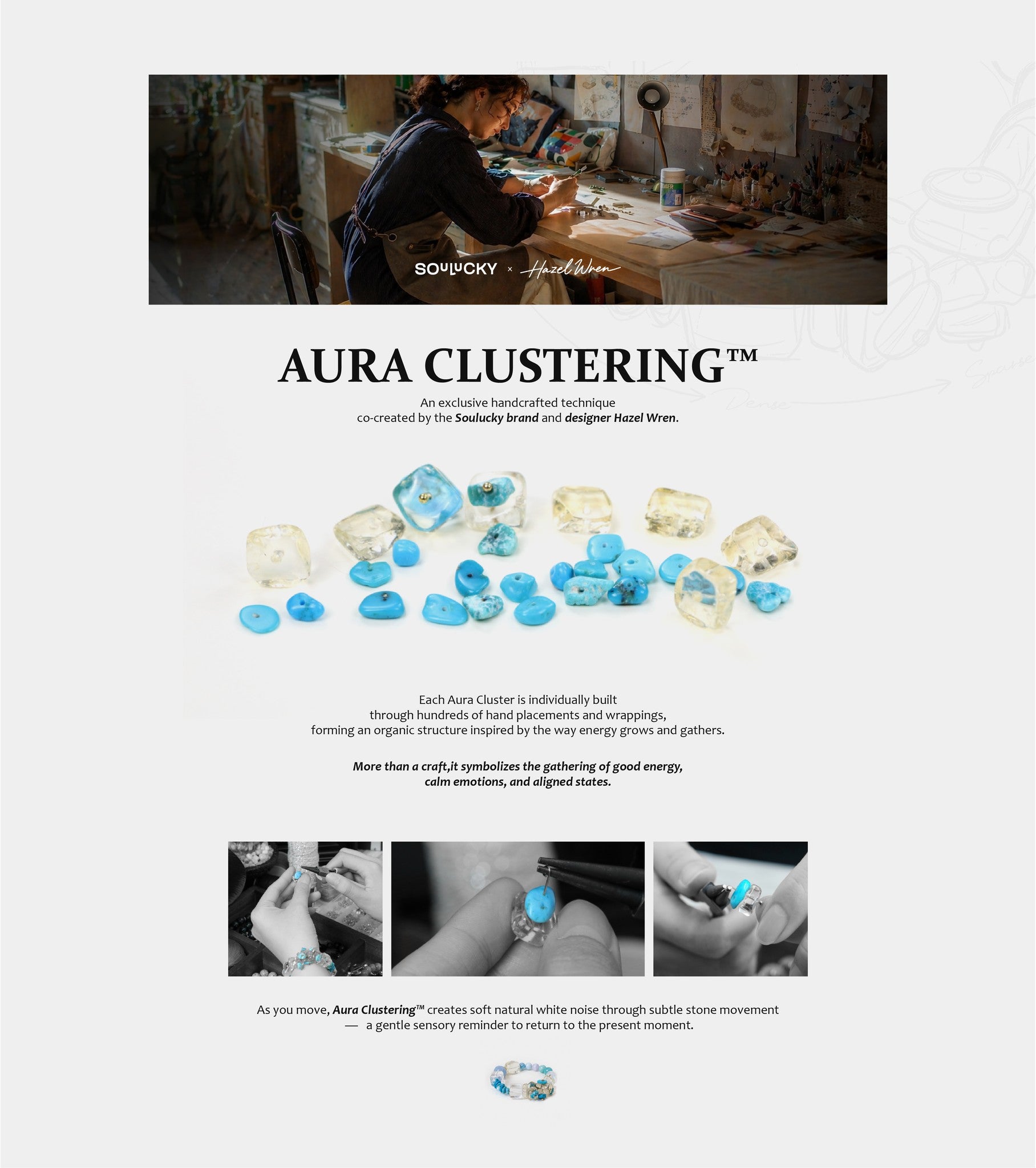 Advertisement for Aura Clustering jewelry with images of jewelry and a craftsman at work.