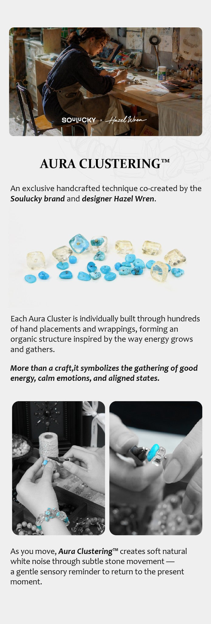 Advertisement for Aura Clustering technique by Soulquake, featuring a person working at a desk and close-up shots of the product.