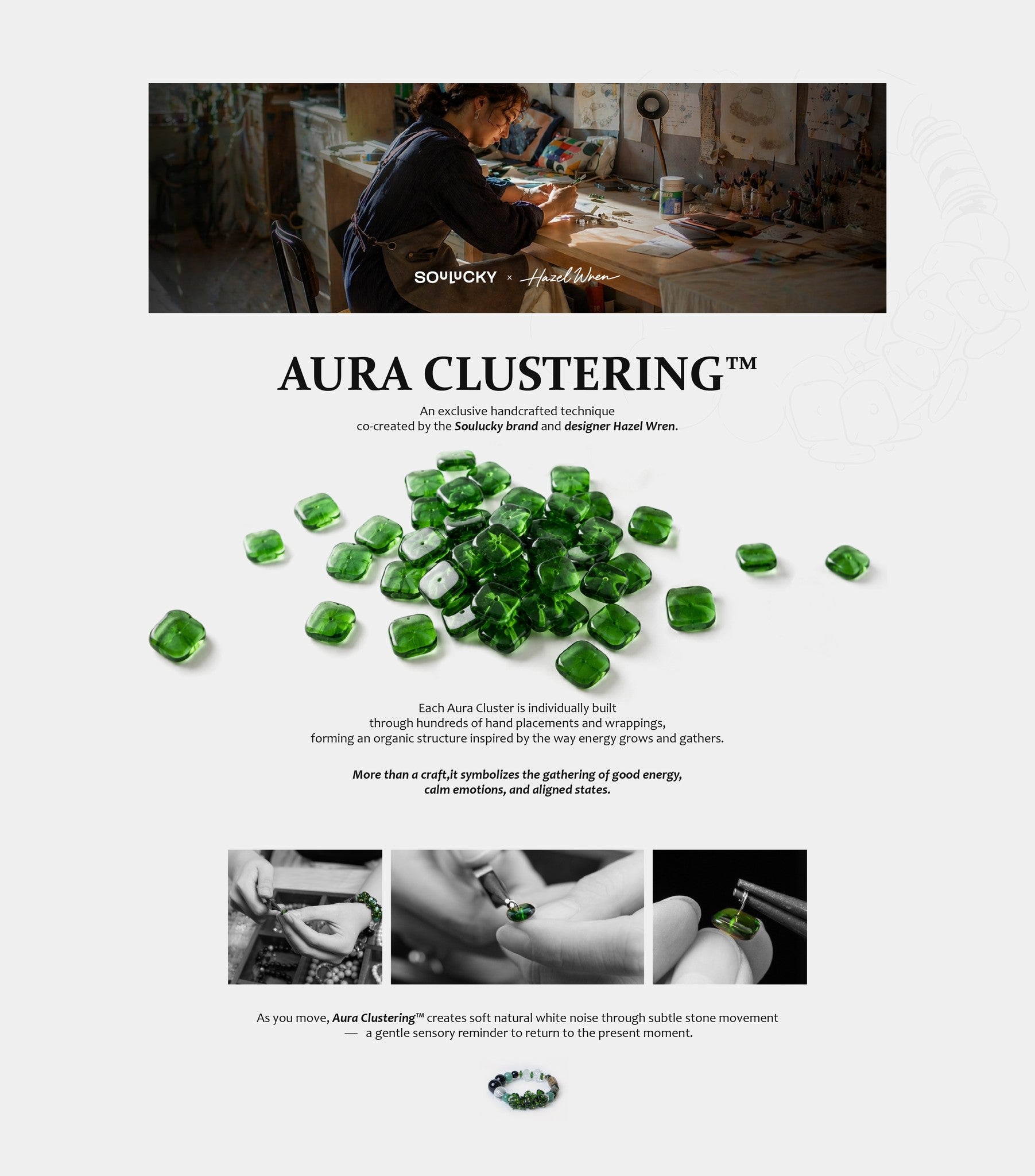 Advertisement for Aura Clustering with green gemstones and a craftsman at work.