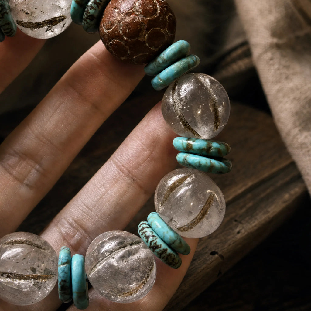 Embrace the Uncarved｜Old Melon Beads & Mengsong Clay Bracelet KUNLUN SKY