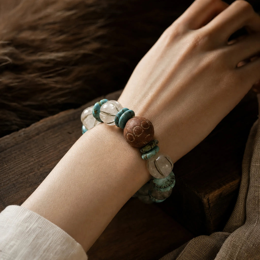 Embrace the Uncarved｜Old Melon Beads & Mengsong Clay Bracelet KUNLUN SKY