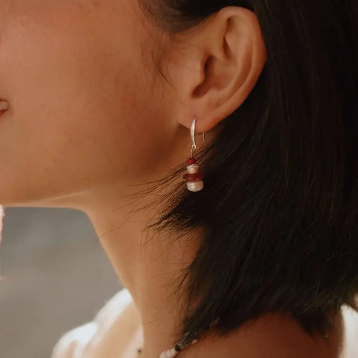 Red Fortune Cinnabar & Pearl Earrings Drifting Silk