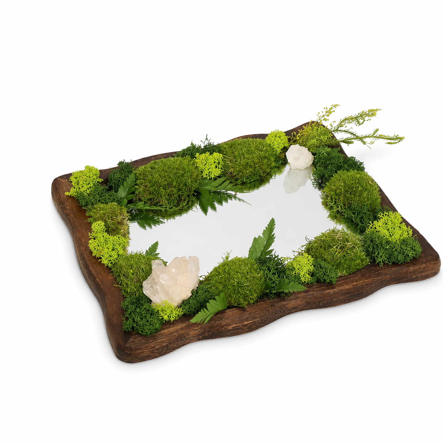 Close-up of crystal landscape mirror showing clear quartz points and moss detail