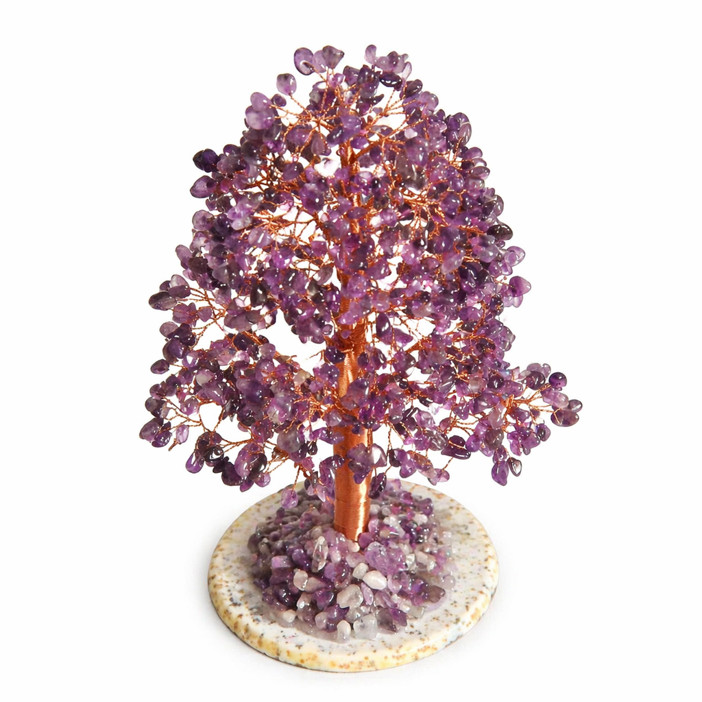 Decorative purple gemstone tree on a white background