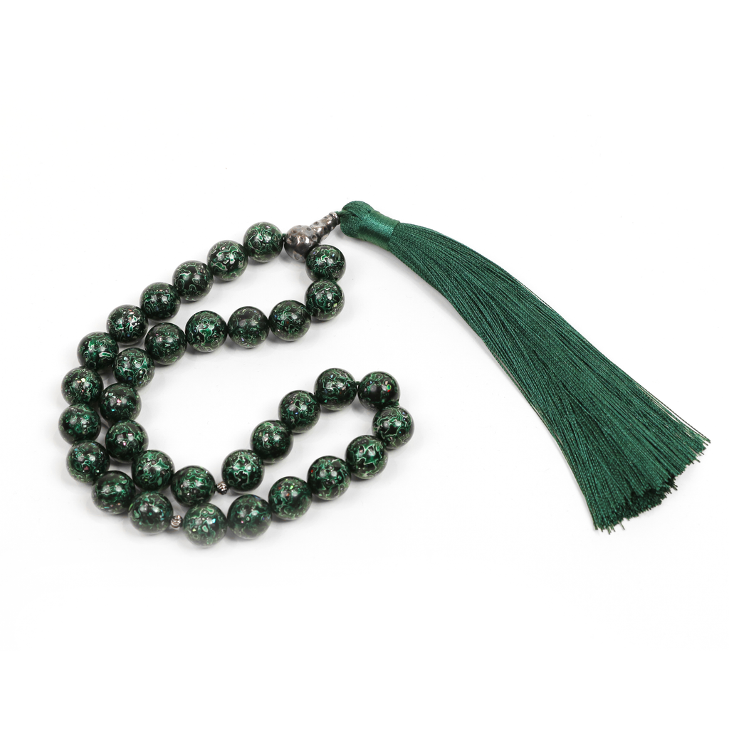 Attention + Energy meditation bracelet with 33 green blackwood beads on white