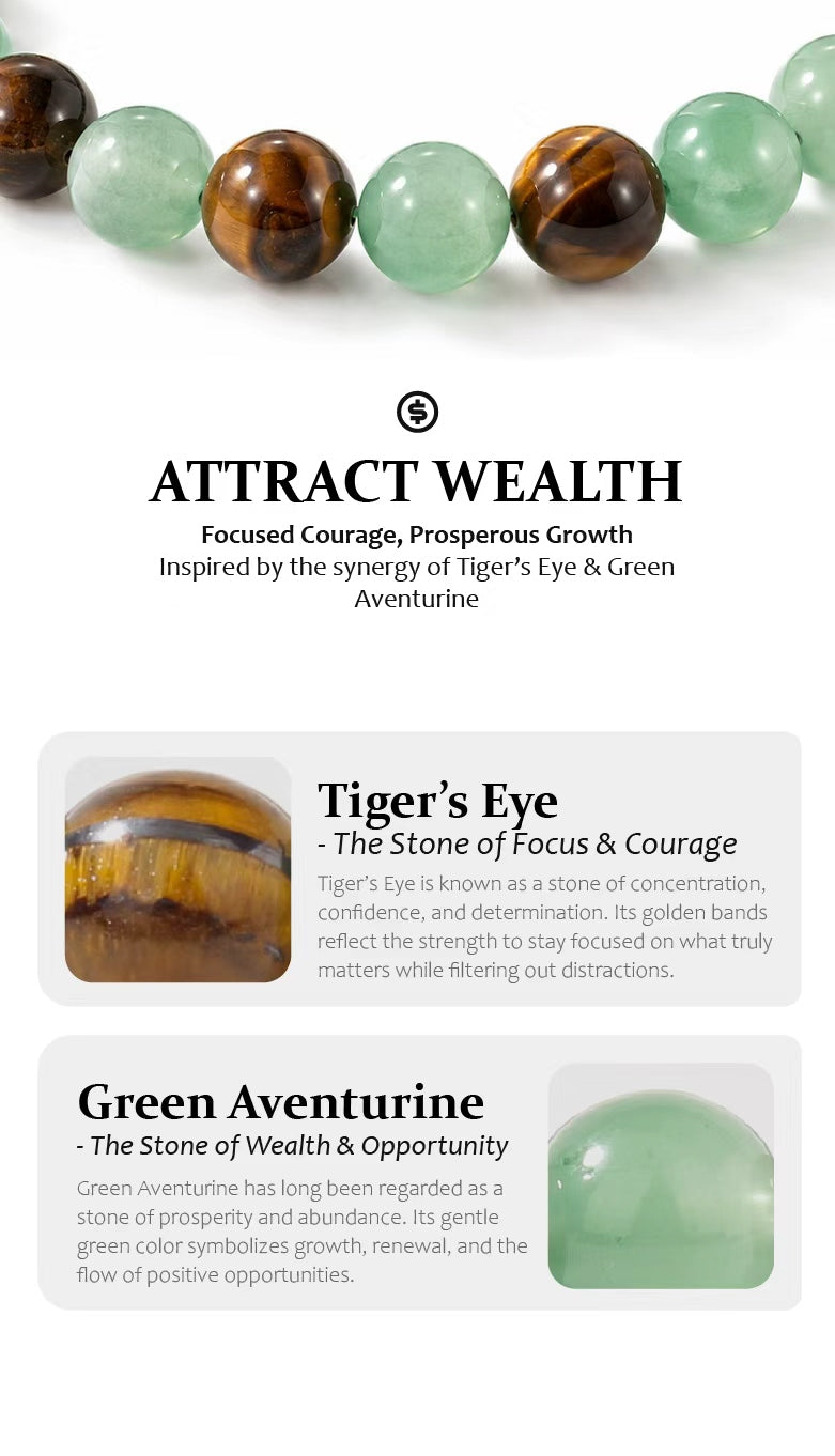 Necklace with tiger's eye and green aventurine stones on a white background with text about their properties.