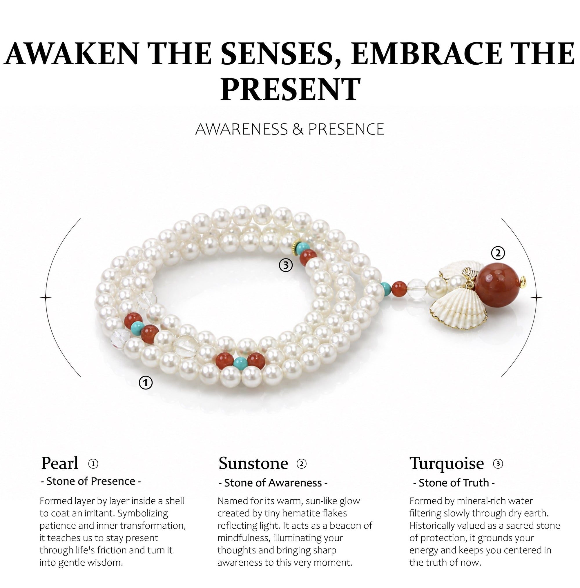 Pearl bracelet with sunstone and turquoise beads on a white background with text about stones' meanings.