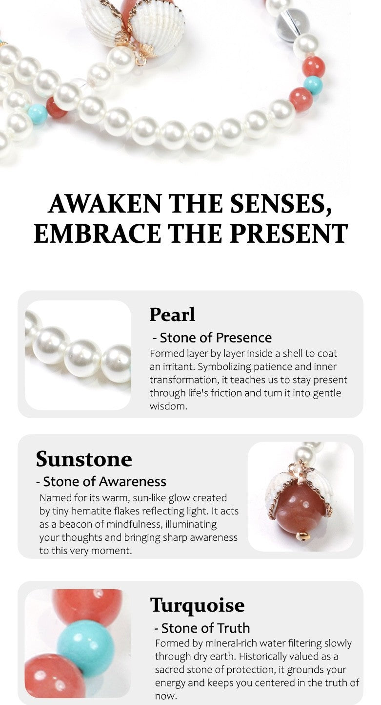 Pearl necklace with text about stones of presence, awareness, and truth.