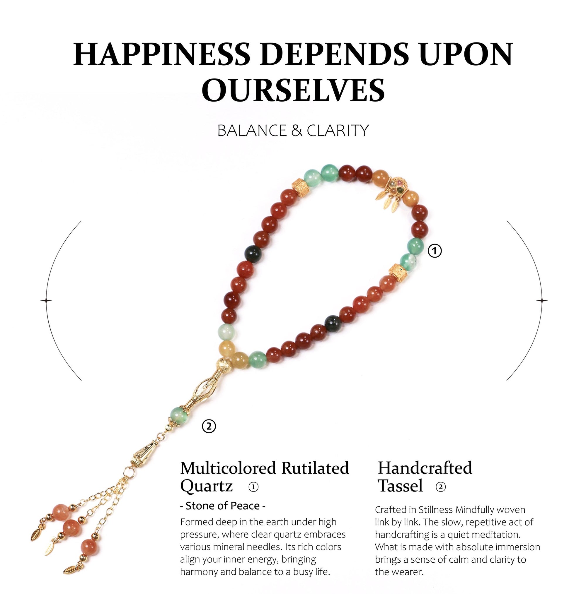 Multicolored beaded necklace with a handcrafted tassel on a white background, featuring text about balance and clarity.