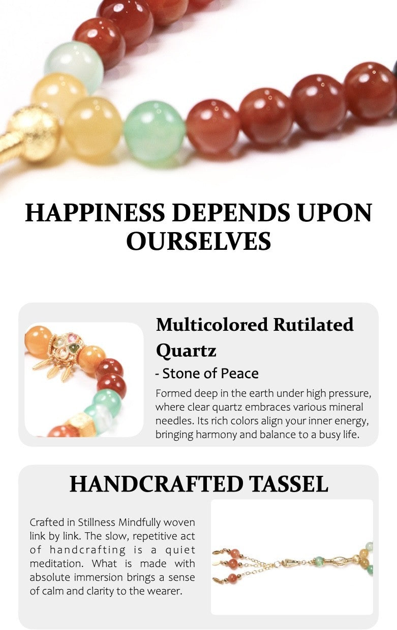Multicolored rutilated quartz tassel with text about happiness and peace.