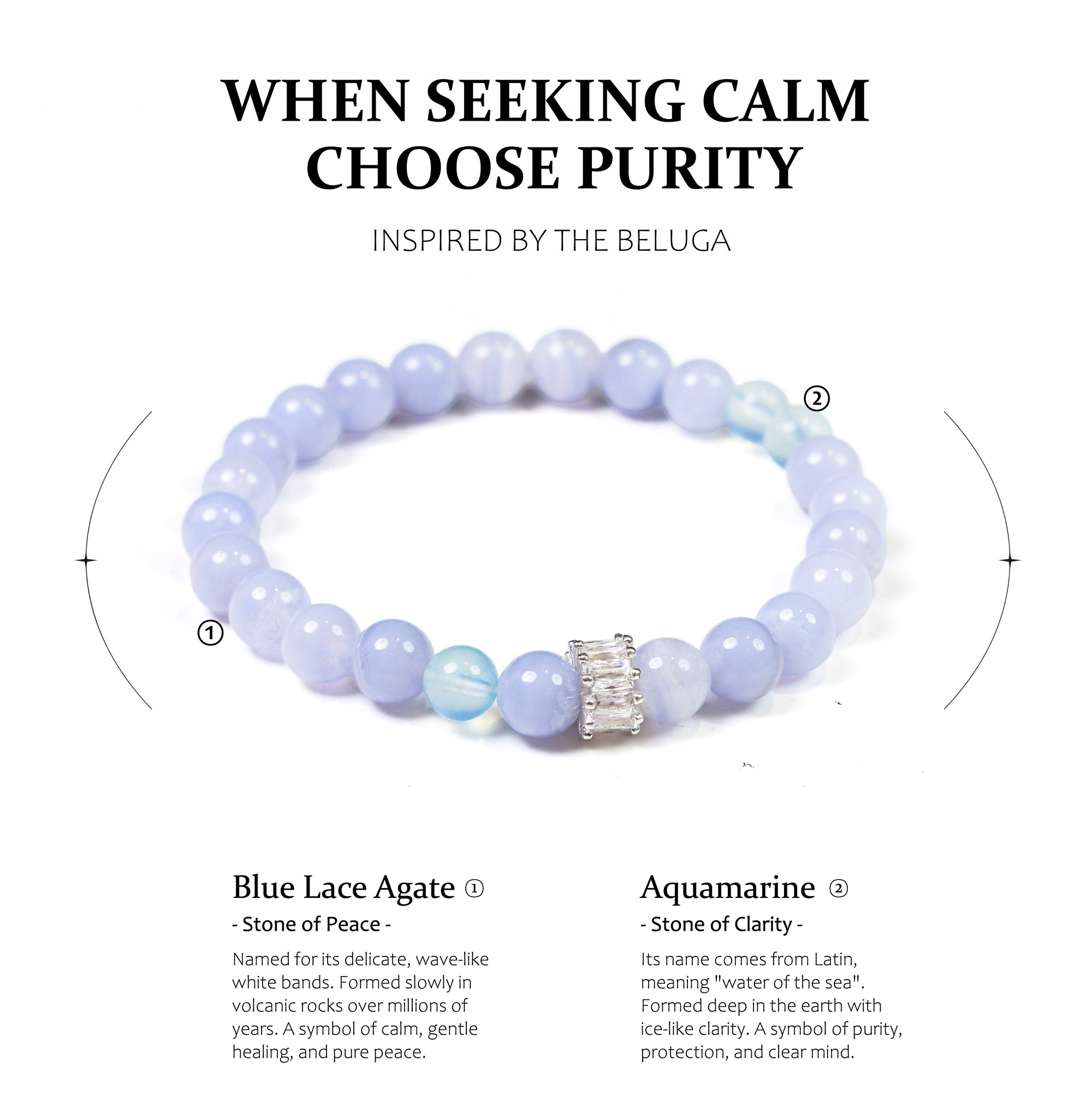 Blue lace agate and aquamarine bracelet with text on a white background