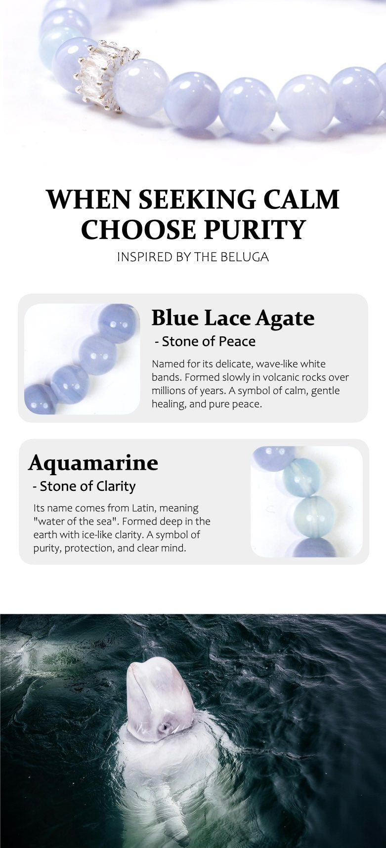Blue lace agate and aquamarine gemstones with text on a white background