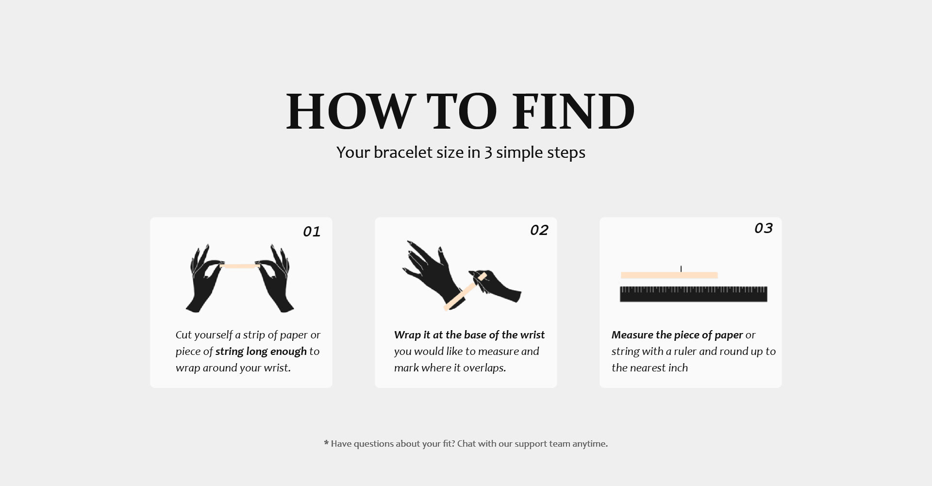 Instructions on how to find bracelet size with black illustrations and text on a white background