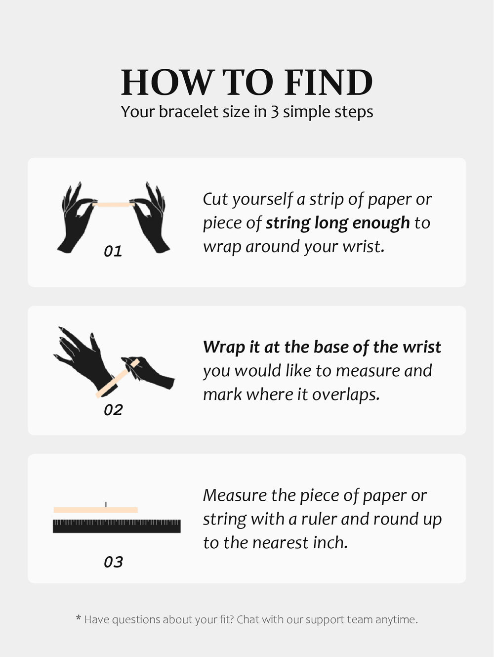 Instructions on how to find your bracelet size with illustrations and text.