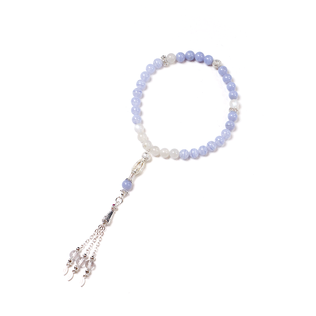 Calm + Focused meditation bracelet with soft blue Blue Lace Agate and silver tassel