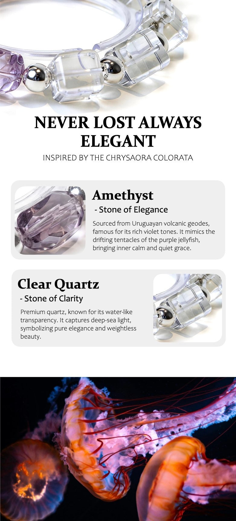 Bracelet with gemstones labeled 'Amethyst' and 'Clear Quartz', inspired by Chrysoberyl Colorata.