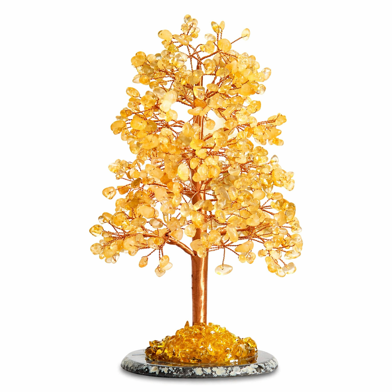 Handcrafted citrine crystal tree with golden amber leaves on copper wire branches, agate base