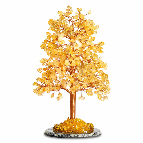 Handcrafted citrine crystal tree with golden amber leaves on copper wire branches, agate base