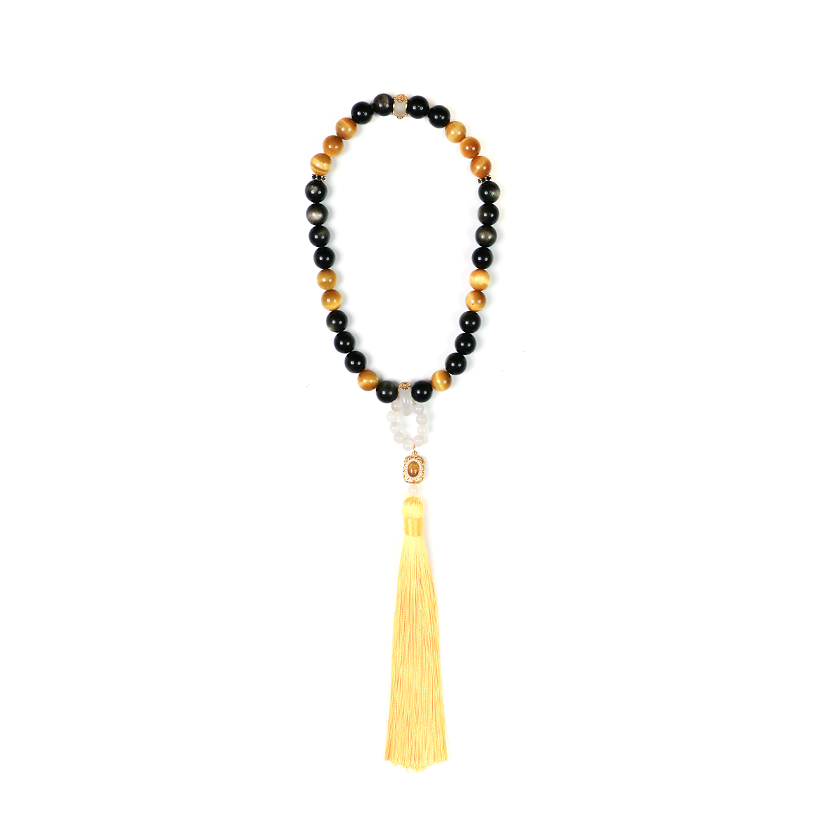 Clarity + Action meditation bracelet with golden obsidian and tiger eye beads on white background