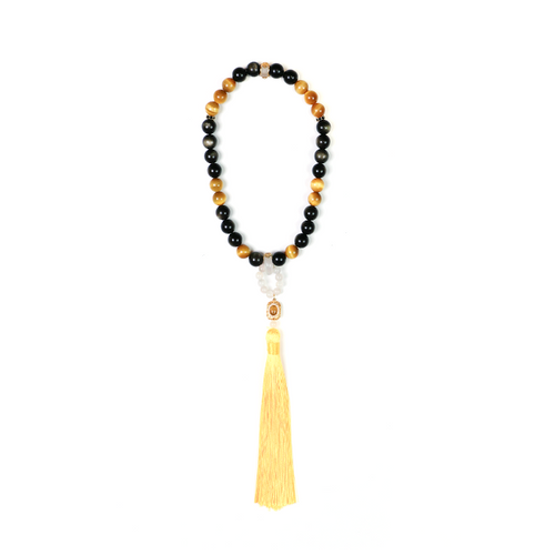 Clarity + Action meditation bracelet with golden obsidian and tiger eye beads on white background