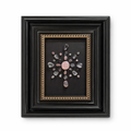 Rose quartz crystal star frame with soft pink beads on black background