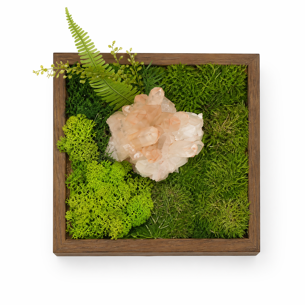 Crystal landscape decorative wooden tray with pink and white crystal cluster