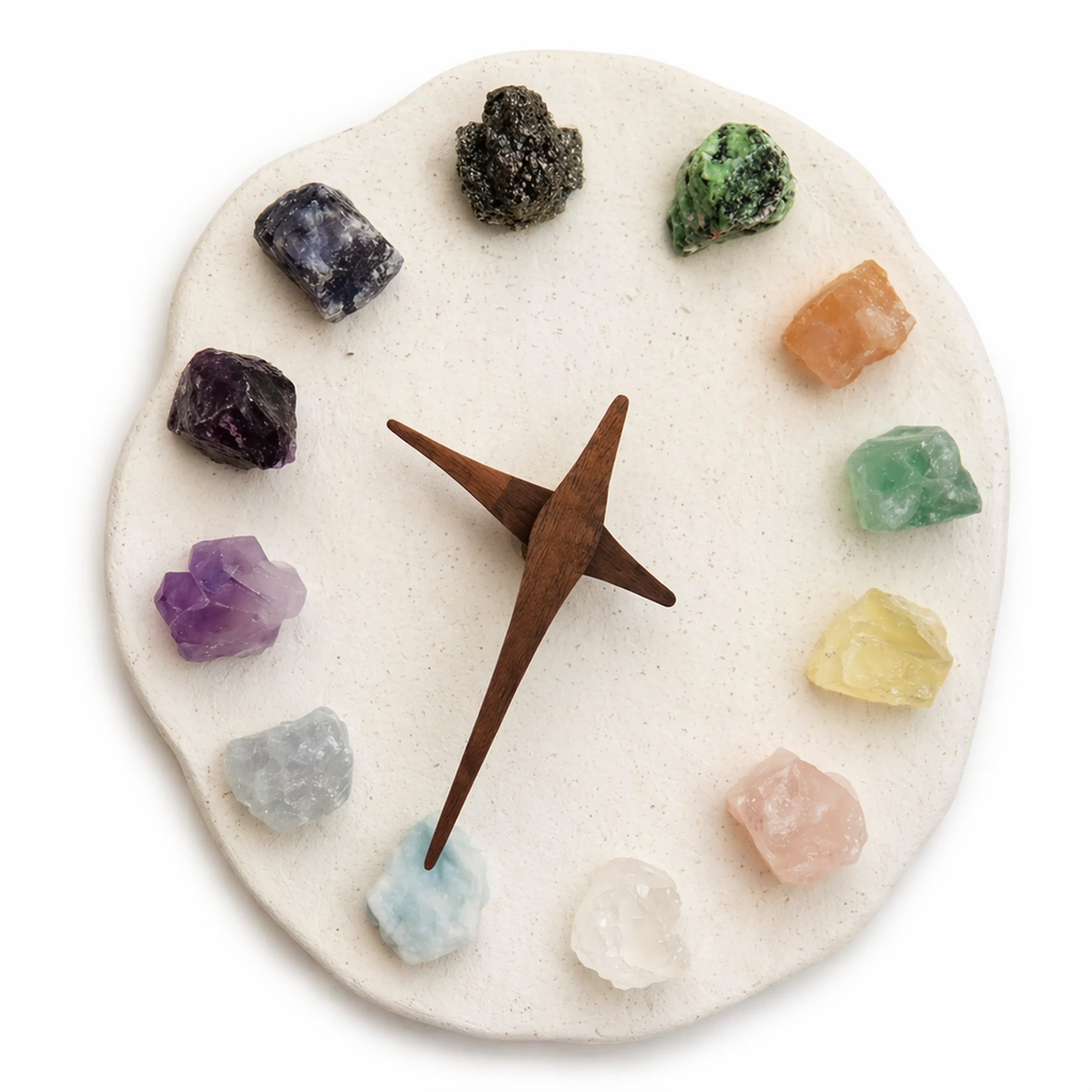 Daylight crystal clock with 12 colorful crystal hour markers on warm wood body