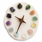 Daylight crystal clock with 12 colorful crystal hour markers on warm wood body