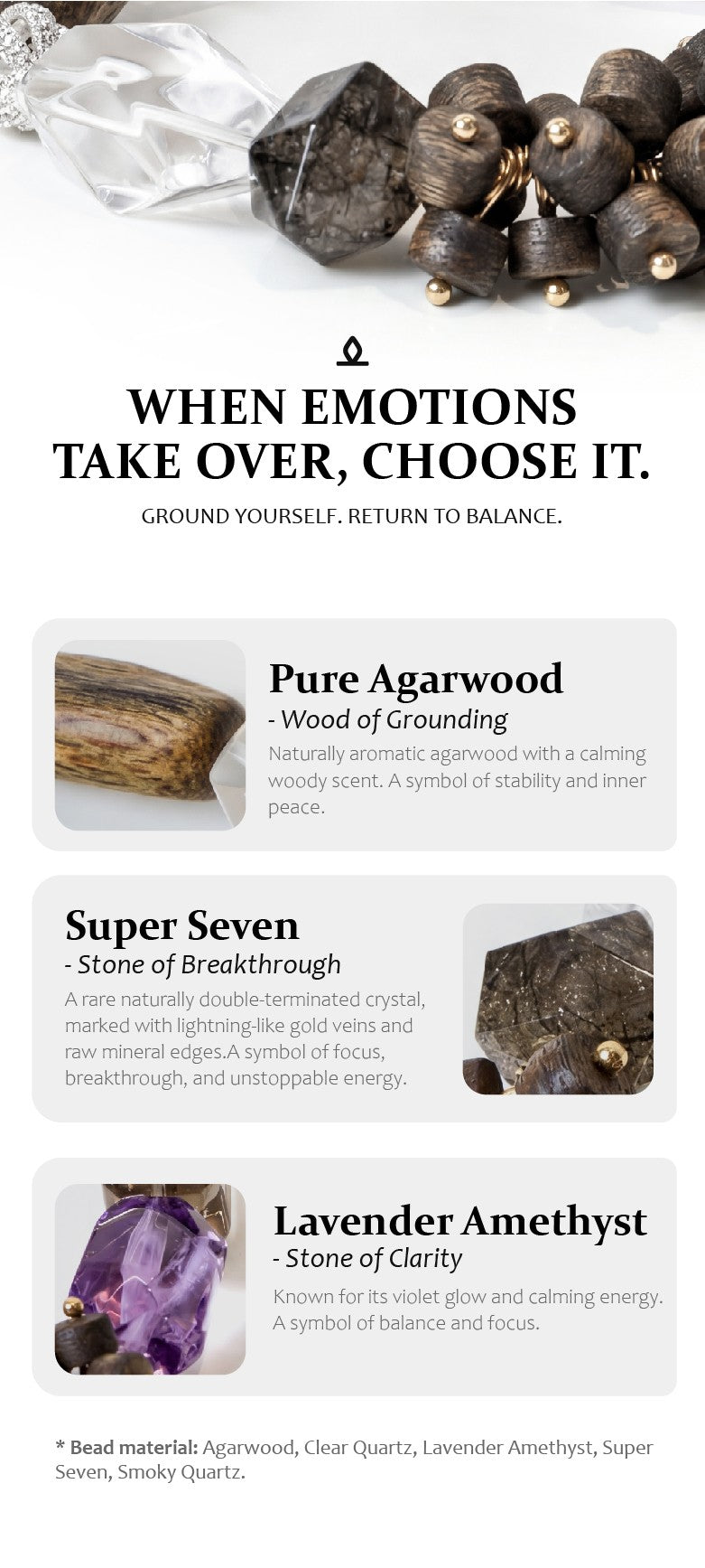 Advertisement for spiritual stones with text and images of each stone.
