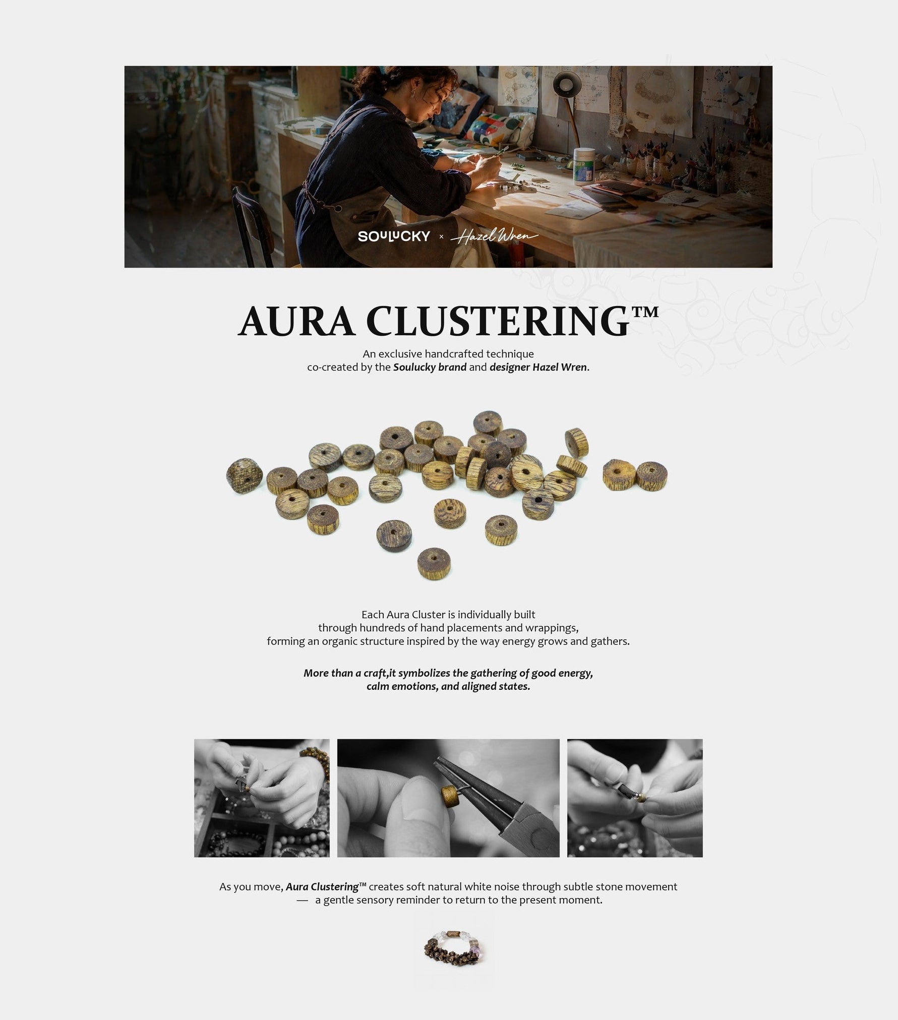 Product display with 'Aura Clustering' text and images of a person working.