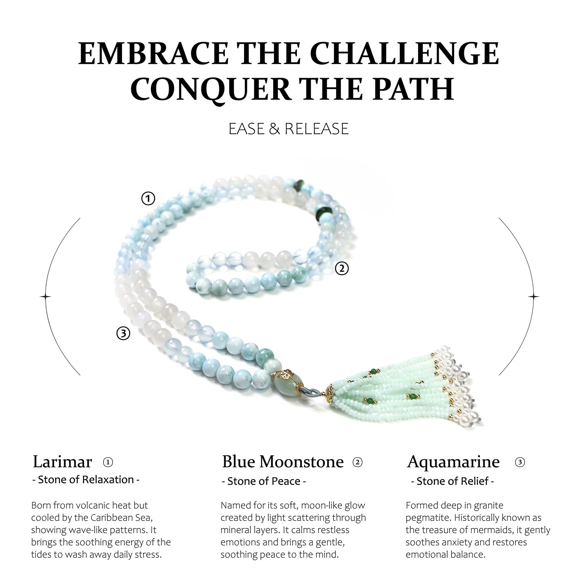 Necklace with Larimar, Blue Moonstone, and Aquamarine stones on a white background with text.