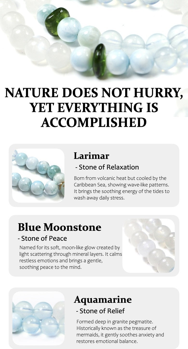 Necklace with Larimar, Blue Moonstone, and Aquamarine beads on a white background with text about stones' properties.