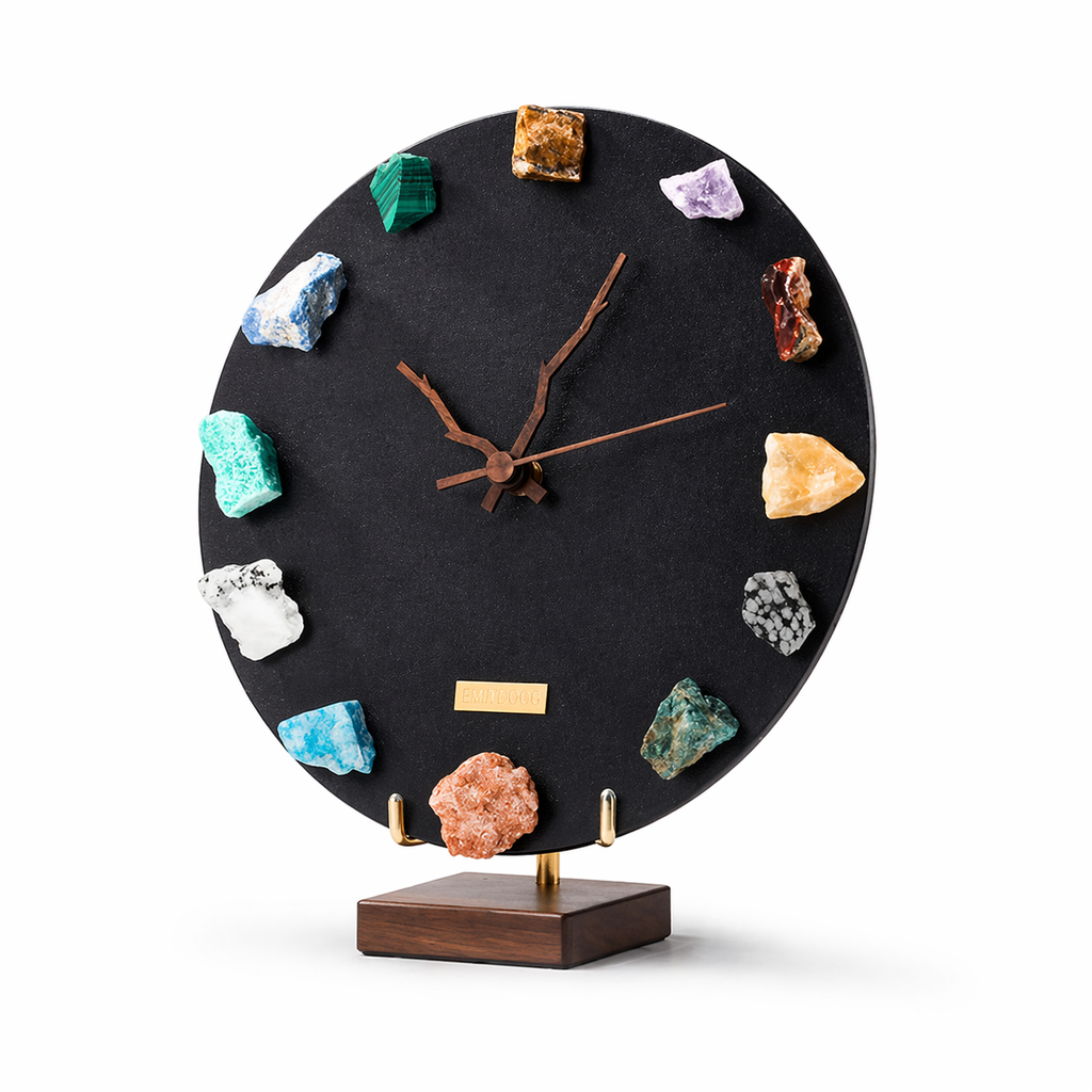 Decorative clock with colorful crystals on a black face